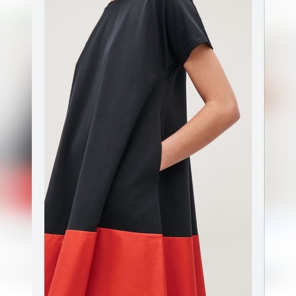 COS navy orange jersey cotton swing colorblock short sleeve cotton dress M - Picture 4 of 10